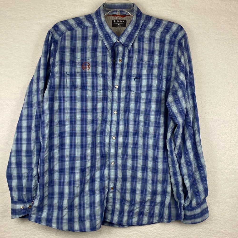 Simms Fishing Products Mens XL Blue Plaid Vented Performance Shirt Long Sleeve